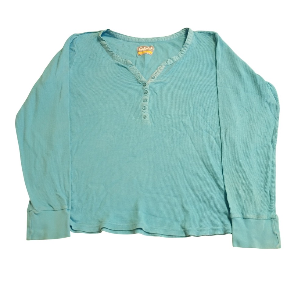 Cabelas Henley Shirt Womens Medium Blue Waffle Knit Lace Trim Long Sleeve Top